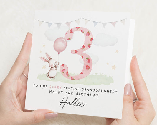 3rd Birthday Card for Granddaughter, Personalised Bunny Birthday Card, Cute Birthday Card for Girl, Third Birthday Card, Age 3 Card