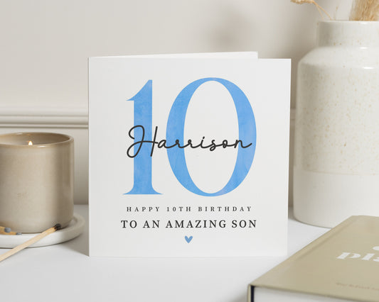 10th Birthday Card for Son, Personalised Birthday Card for Boy, Custom Kids Age Card, Birthday Card for Boys, Blue Son Birthday Card