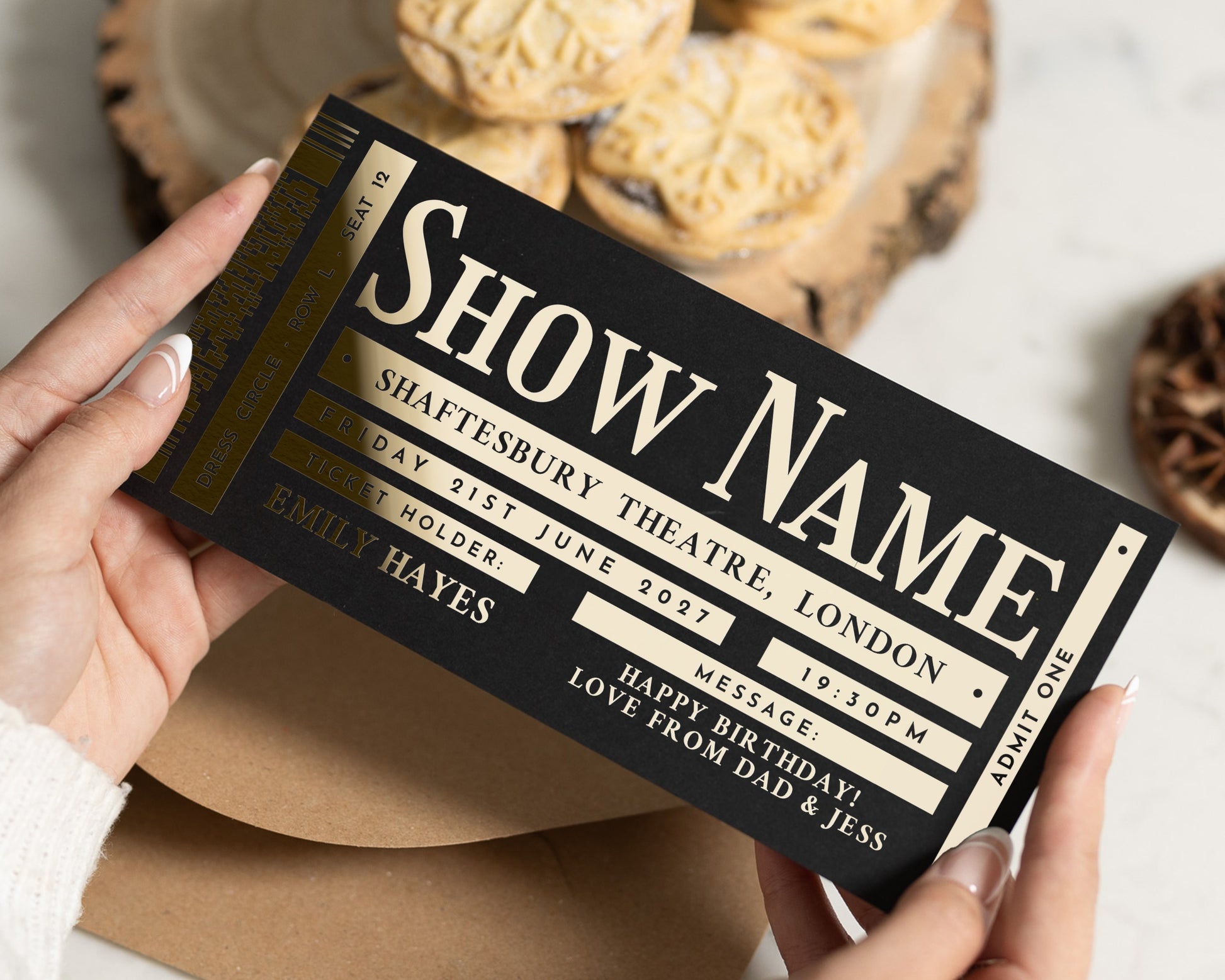 Personalised Theatre Ticket Gift, Gold Foil Show Voucher, Custom Birthday Gift, London Theatre Experience