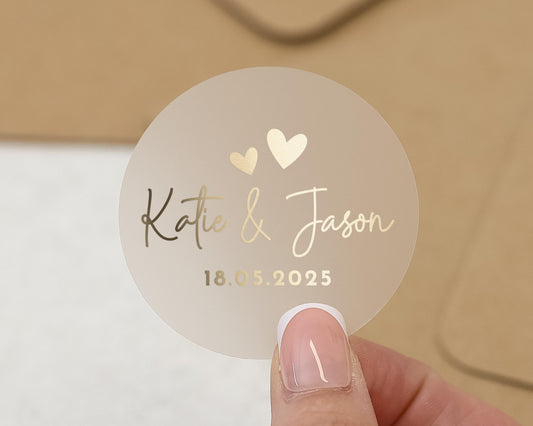 Personalised Wedding Sticker, Custom Names and Date, Gold Foil Wedding Label, Wedding Envelope Seal, Transparent Wedding Sticker