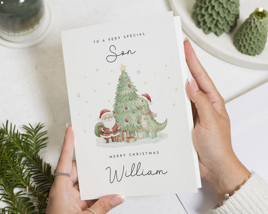 Son Christmas Card, Personalised Christmas Card for Son, Cute Dinosaur Christmas Card, Santa Christmas Card, Xmas Card for Boy