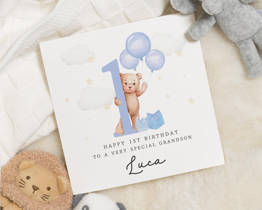 1st Birthday Card for Grandson, Personalised Grandson Birthday Card, Cute Bear 1st Birthday Card, First Birthday Card for Boy