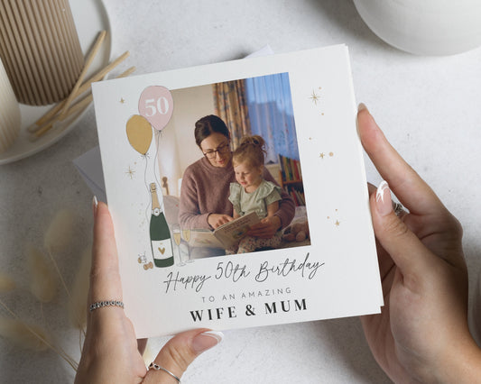 50th Birthday Card for Wife, Mum Birthday Card, Wife Birthday Card, Personalised Photo Birthday Card, 50th Birthday Card for Her