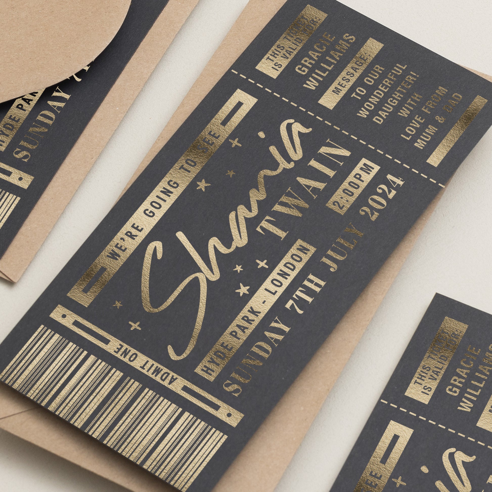 Shania Twain Gig Ticket Gift Voucher, Personalised Gold Foil Gift Voucher, Foiled Concert Reveal, Shania Twain Surprise Gig Ticket