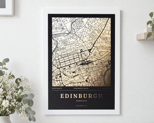 Personalised Gold Foil Map Print, Custom Location Map, Black Wall Art, New Home Gift, Anniversary Gift for Couple, White Framed Print
