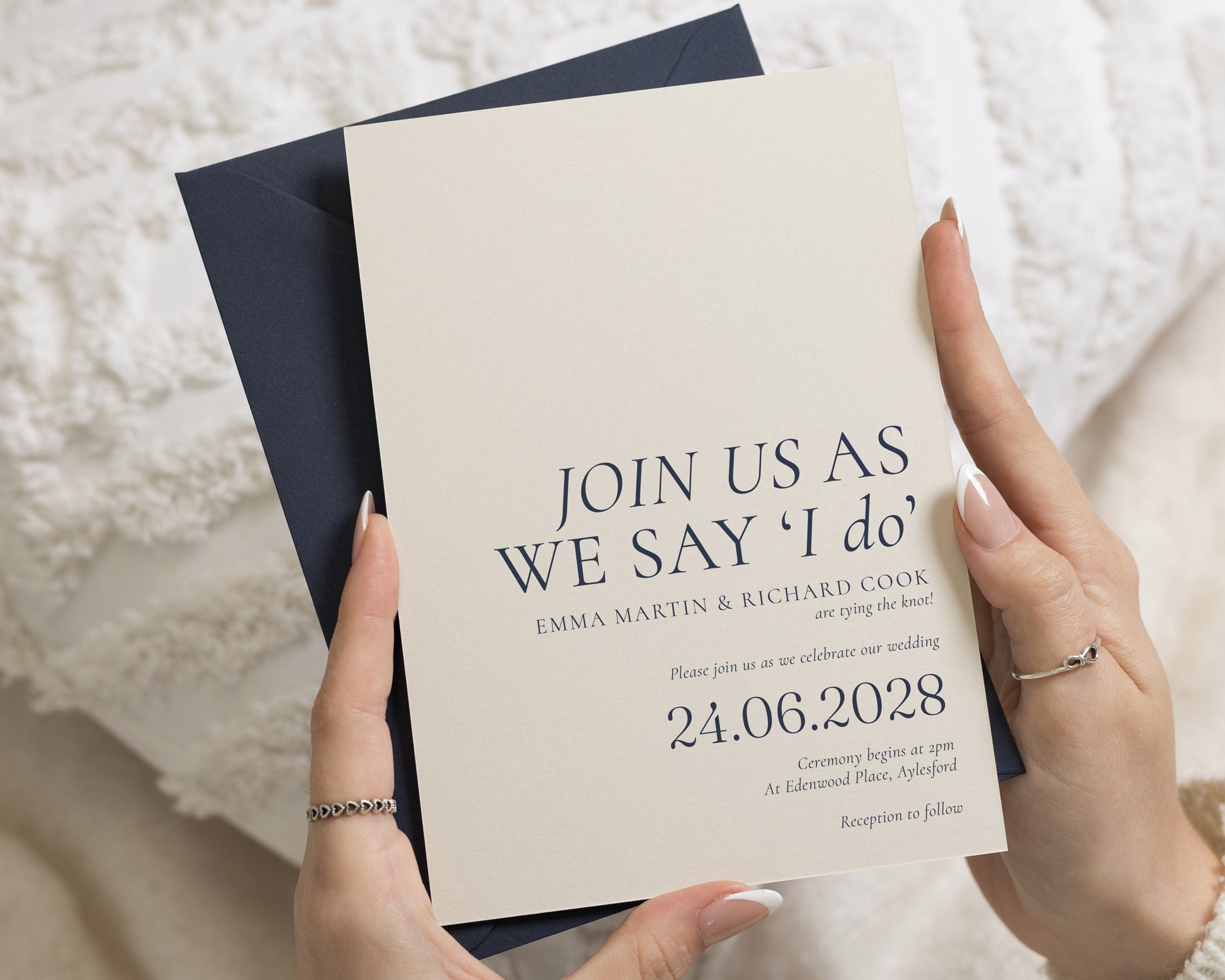 Ivory Wedding Invitations with Navy Envelopes, Minimalist Typography Wedding Invites, Elegant Personalised Invitation Suite