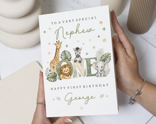 1st Birthday Card for Nephew, Personalised First Birthday Card, Safari Birthday Card, Jungle Animal Birthday Card for Boy, Age One Card