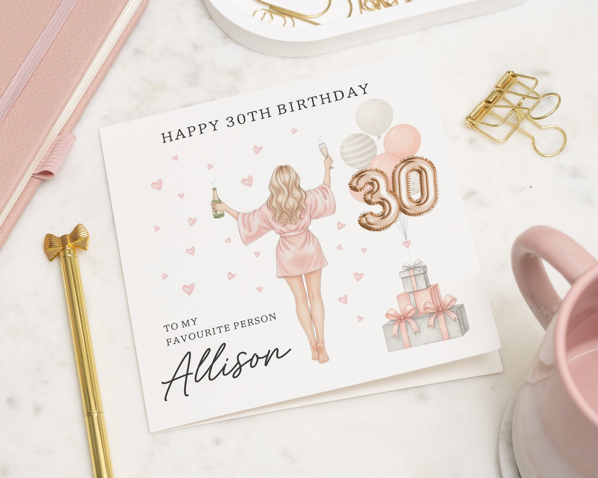30th Birthday Card for Her, Personalised Birthday Card, Birthday Card for Friend, Favourite Person Card, Champagne Balloons Gift Card