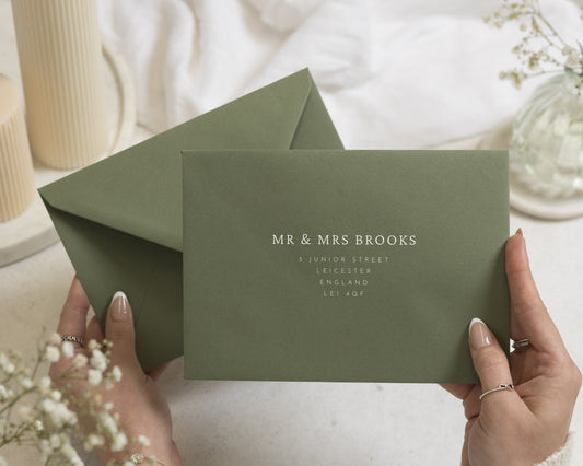 Olive Green Envelopes with White Ink Guest or Return Address Printing, C6, 5x7 or C5 Wedding Invitation Envelopes (Sage)