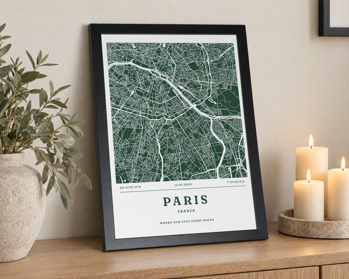 Personalised Map Print, Custom Location Map, Green City Wall Art, Wedding Gift for Couple, Anniversary Gift, Black Framed Print