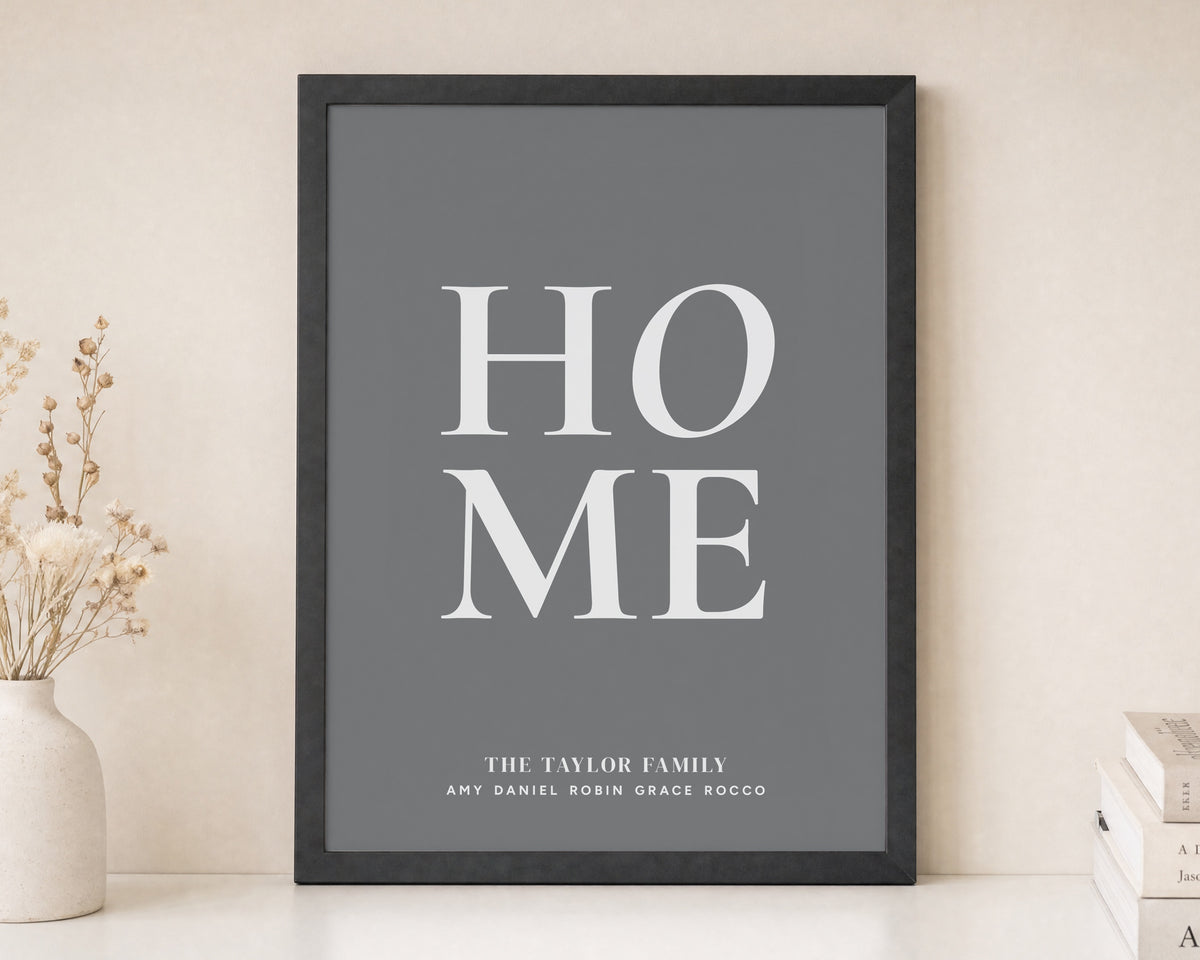 Personalised Family Name Print, Charcoal Grey Wall Art, Custom Home Typography Print, New Home Gift, Gift for Family, Black Framed Print