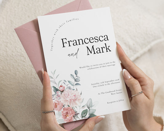 Blush Floral Wedding Invitations, Elegant Greenery Wedding Invite, Watercolour Botanical Personalised Invitation Suite