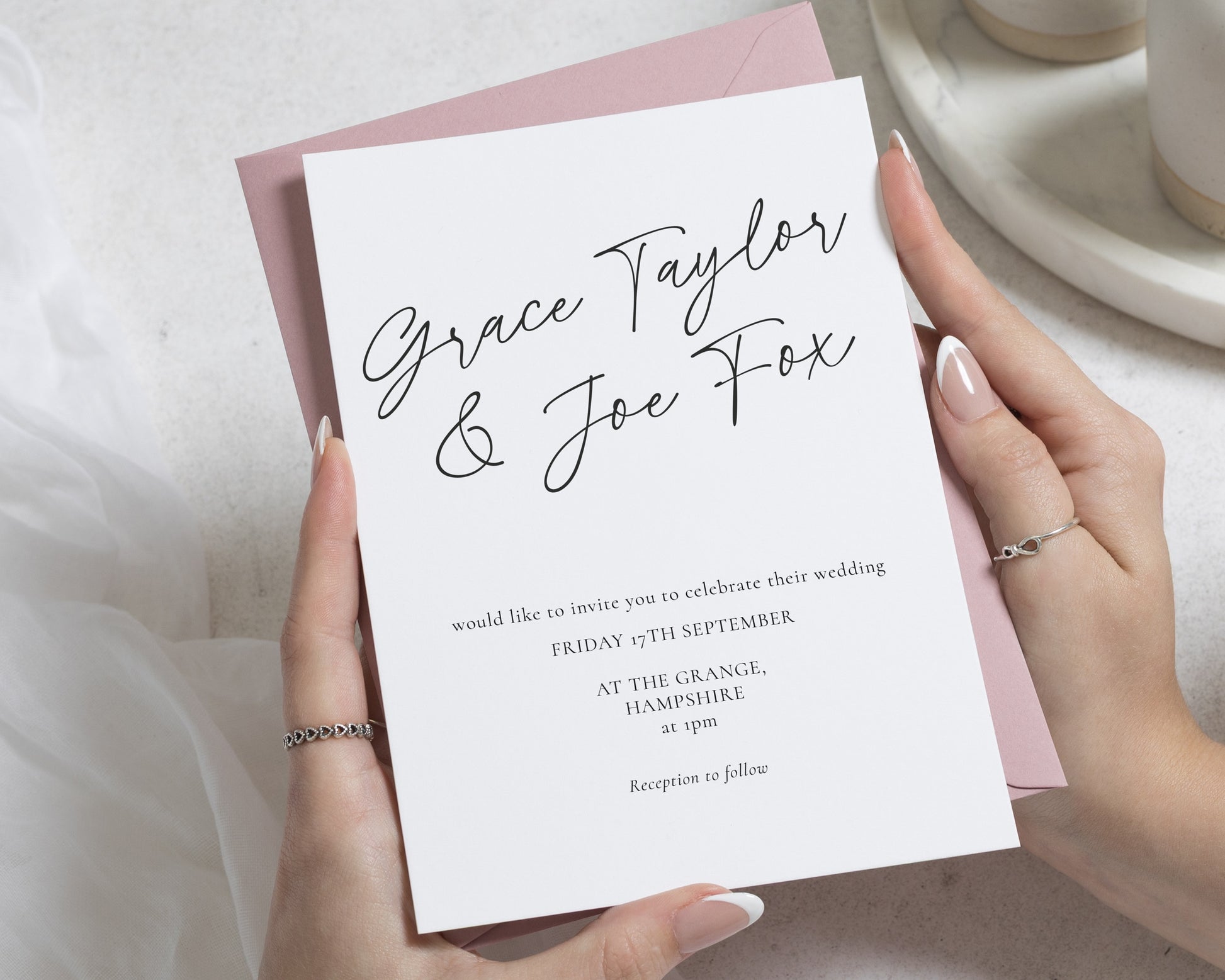 Blush Pink Wedding Invitations, Minimalist Calligraphy Wedding Invite, Elegant Typography Invitation Suite, Personalised Wedding Stationery