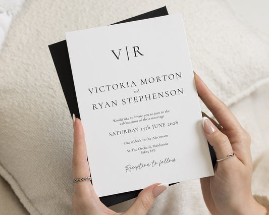 Black and White Wedding Invitations, Minimalist Monogram Wedding Invite, Elegant Typography Invitation Suite, Classic Wedding Stationery