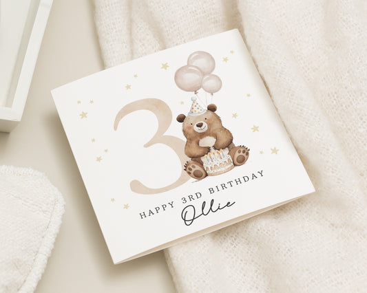 3rd Birthday Card for Boy, Personalised Bear Birthday Card, Cute Birthday Card for Son, Third Birthday Card, Kids Birthday Card