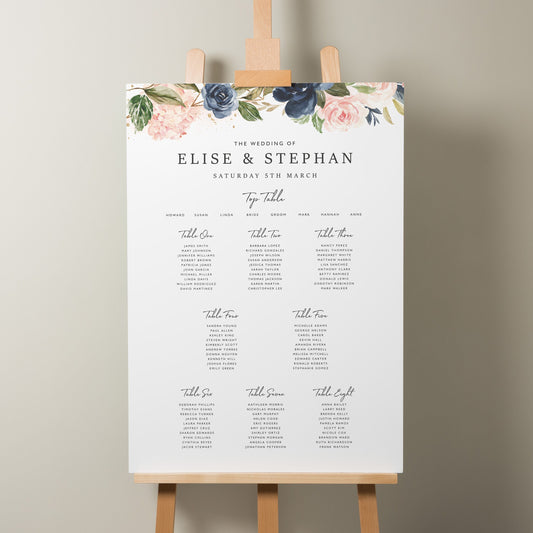 Table Plan for Wedding, Floral Personalised Table Seating Plan, Blush Pink Floral Find Your Seat Sign, Blush Wedding Décor A1 &#39;Elise&#39;