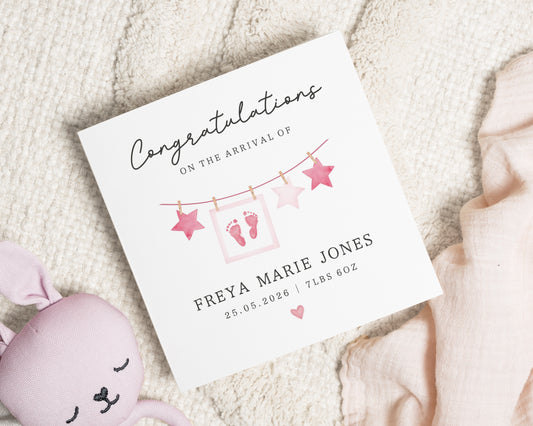 New Baby Card, Personalised Baby Girl Card, Congratulations Card, Baby Arrival Card, Custom Name Card, Baby Girl Gift, Newborn Card