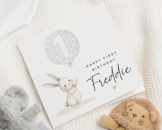 1st Birthday Card, First Birthday Card for Boy, Personalised Bunny Birthday Card, Birthday Card for Son, Cute Animal Birthday Card