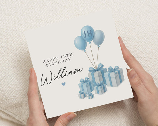 18th Birthday Card for Him, Personalised Birthday Card, Blue Balloons Birthday Card, Birthday Card for Son, 18th Birthday Gift Card