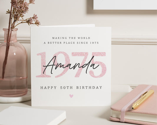 50th Birthday Card for Her, Personalised Birthday Card, Birthday Card for Women, 1975 Birthday Card, Custom Name Birthday Card