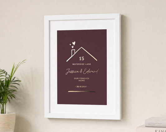 Personalised Gold Foil New Home Print, Burgundy Wall Art, House Warming Gift, Couple Gift, Our Forever Home Print