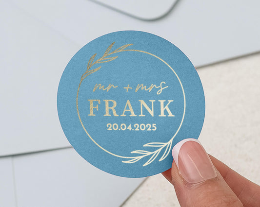Personalised Wedding Sticker, Mr and Mrs Wedding Label, Custom Name Wedding Sticker, Gold Foil Wedding Sticker, Blue Wedding Sticker