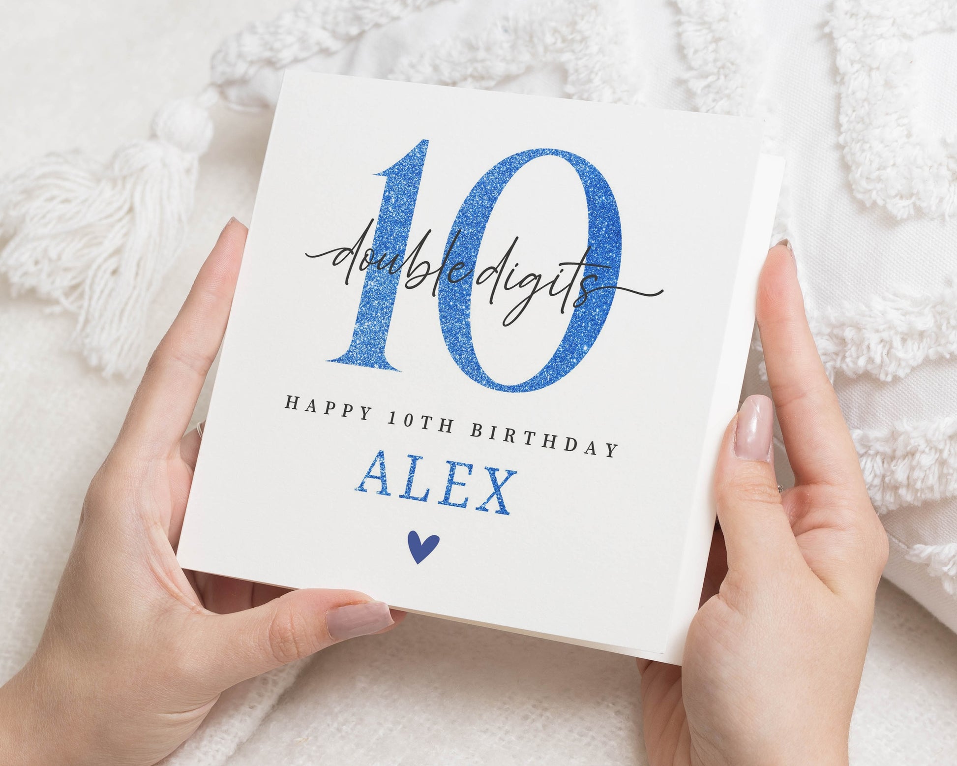 10th Birthday Card, Personalised Birthday Card, Double Digits Card, Custom Card for Boy Girl, Printed Blue Glitter Effect