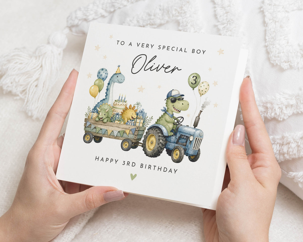 Personalised 3rd Birthday Card for Boy, Dinosaur Birthday Card, Tractor Birthday Card, Birthday Card for Son, 3rd Birthday Cards