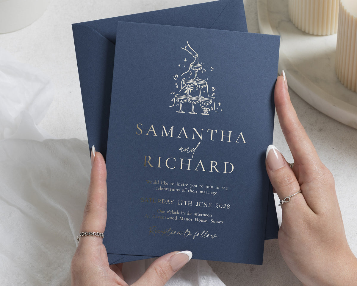 Gold Foil Champagne Tower Wedding Invitations, Navy Personalised Wedding Invite, Elegant Celebration Wedding Stationery