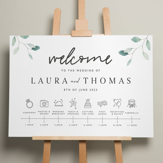 Greenery Timeline Personalised Order of Events, Wedding Timeline Sign, Order Of The Day Sign, Order Of Service Wedding Itinerary &#39;Laura&#39;