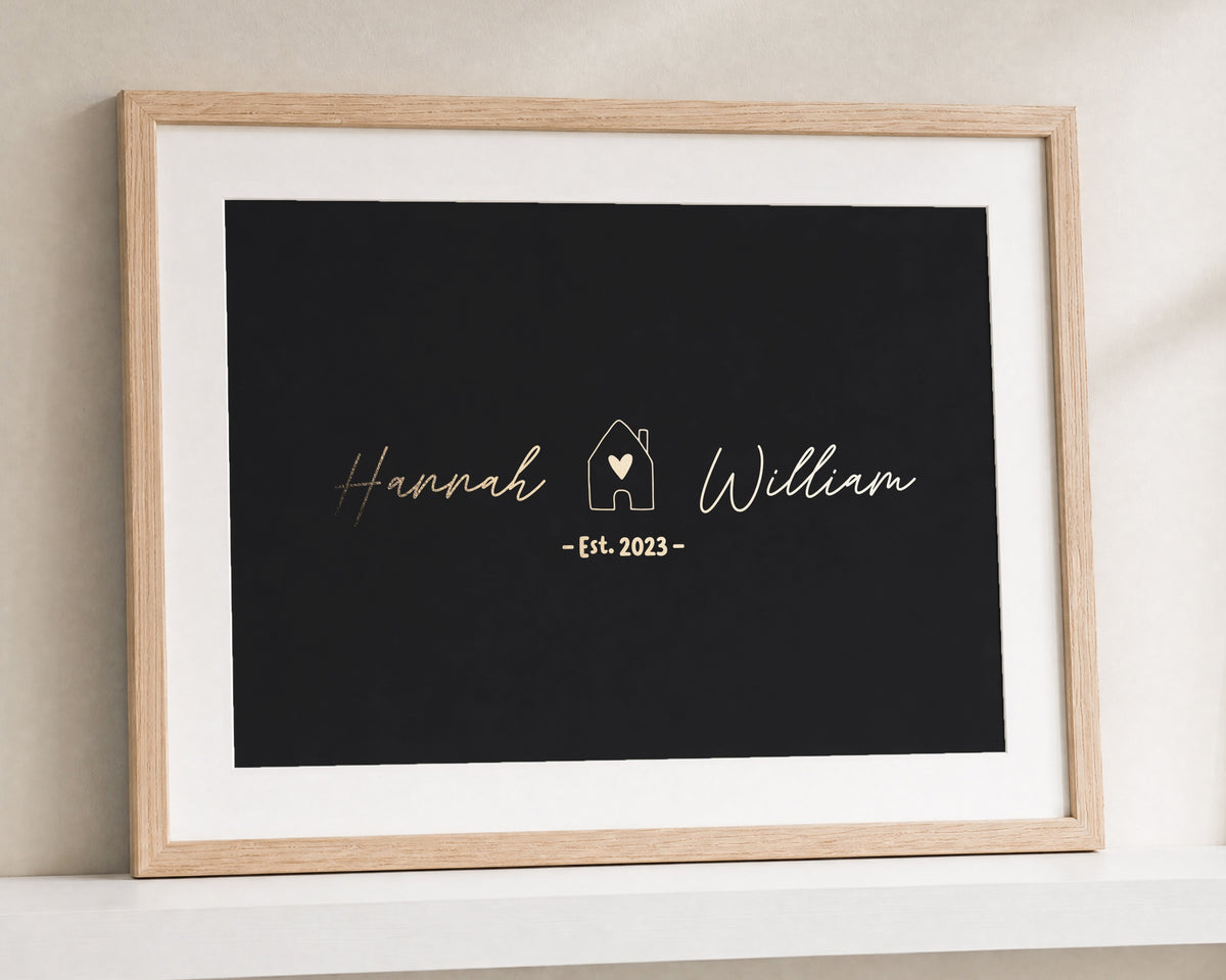 Personalised Gold Foil New Home Print, Black Wall Art, Couple Name Print, House Warming Gift, First Home Gift, Oak Framed Print