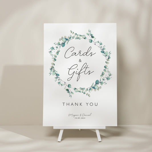 Greenery Wreath Wedding Cards And Gifts Sign, Botanical Gifts Wedding Sign, Eucalyptus Wedding Card Sign, Greenery Wedding Signage &#39;Megan&#39;