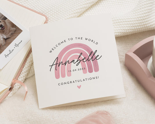New Baby Card, Personalised Baby Card, Welcome To The World Card, Baby Girl Card, Rainbow New Baby Card, Congratulations Card