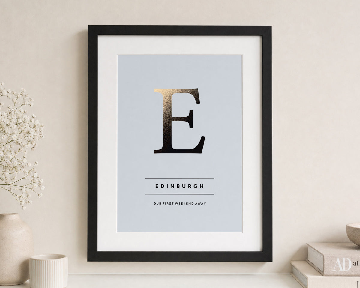 Personalised Initial Print, Pale Blue Wall Art, Custom Location Print, Couple Gift, Anniversary Gift, Portrait Print With Mount
