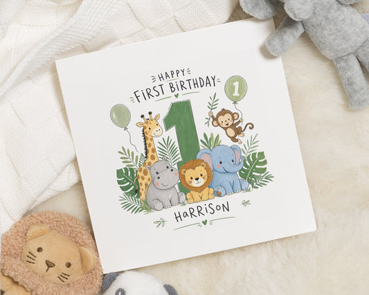 Personalised 1st Birthday Card, First Birthday Card for Boy, Safari Birthday Card, Jungle Animal Birthday Card, Son Grandson Nephew