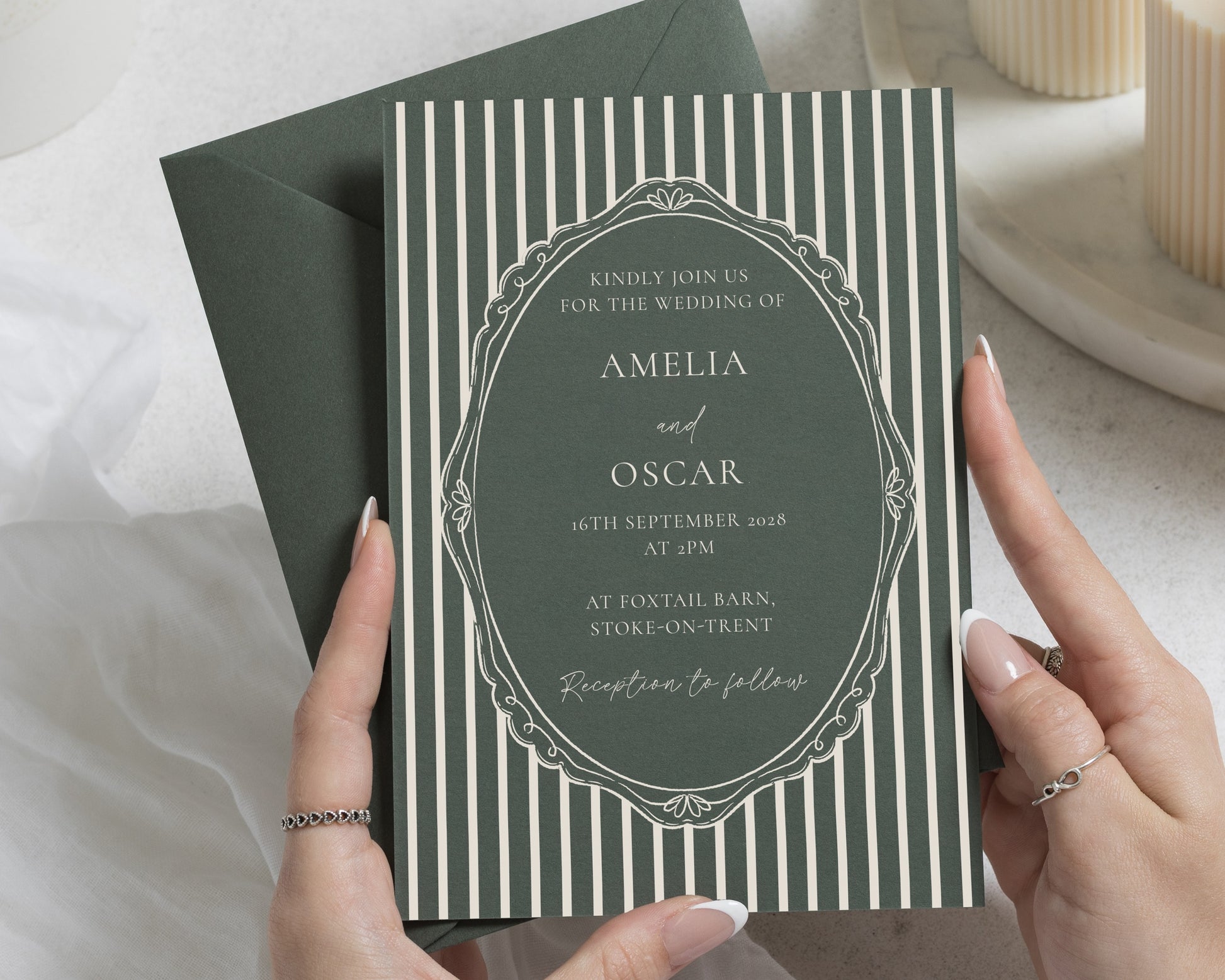 Olive Green Wedding Invitations, Vintage Stripe Wedding Invites, Classic Elegant Wedding Stationery, Personalised Invitation Suite
