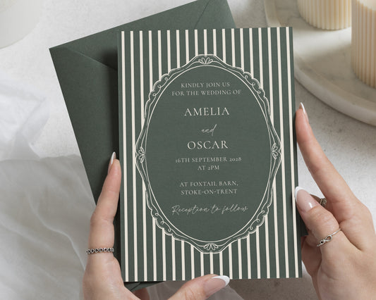Olive Green Wedding Invitations, Vintage Stripe Wedding Invites, Classic Elegant Wedding Stationery, Personalised Invitation Suite