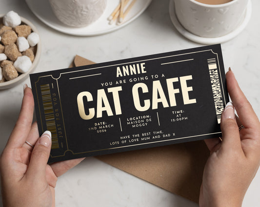 Personalised Cat Cafe Gift Voucher, Cat Cafe Experience Ticket, Custom Cat Cafe Gift, Gold Foil Gift Voucher