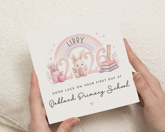 Good Luck Card for First Day at School, Primary School Card, Personalised School Card for Girl, Back to School Card, Bunny Card