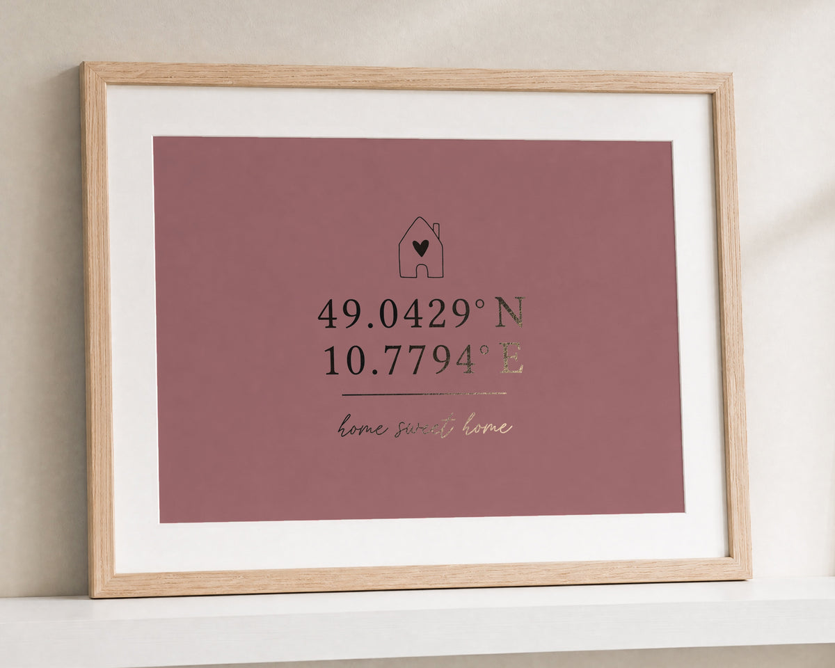 Personalised Gold Foil Coordinates Print, Dusty Pink Wall Art, New Home Gift, First Home Gift, Home Sweet Home Print
