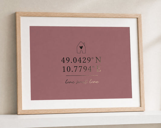 Personalised Gold Foil Coordinates Print, Dusty Pink Wall Art, New Home Gift, First Home Gift, Home Sweet Home Print