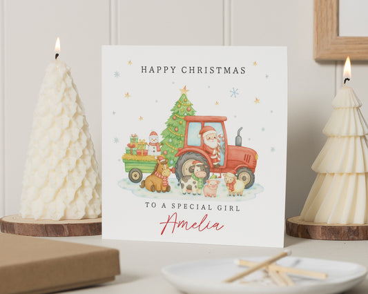 Christmas Card for Girl, Personalised Christmas Card, Special Girl Christmas Card, Santa Tractor Card, Kids Christmas Card