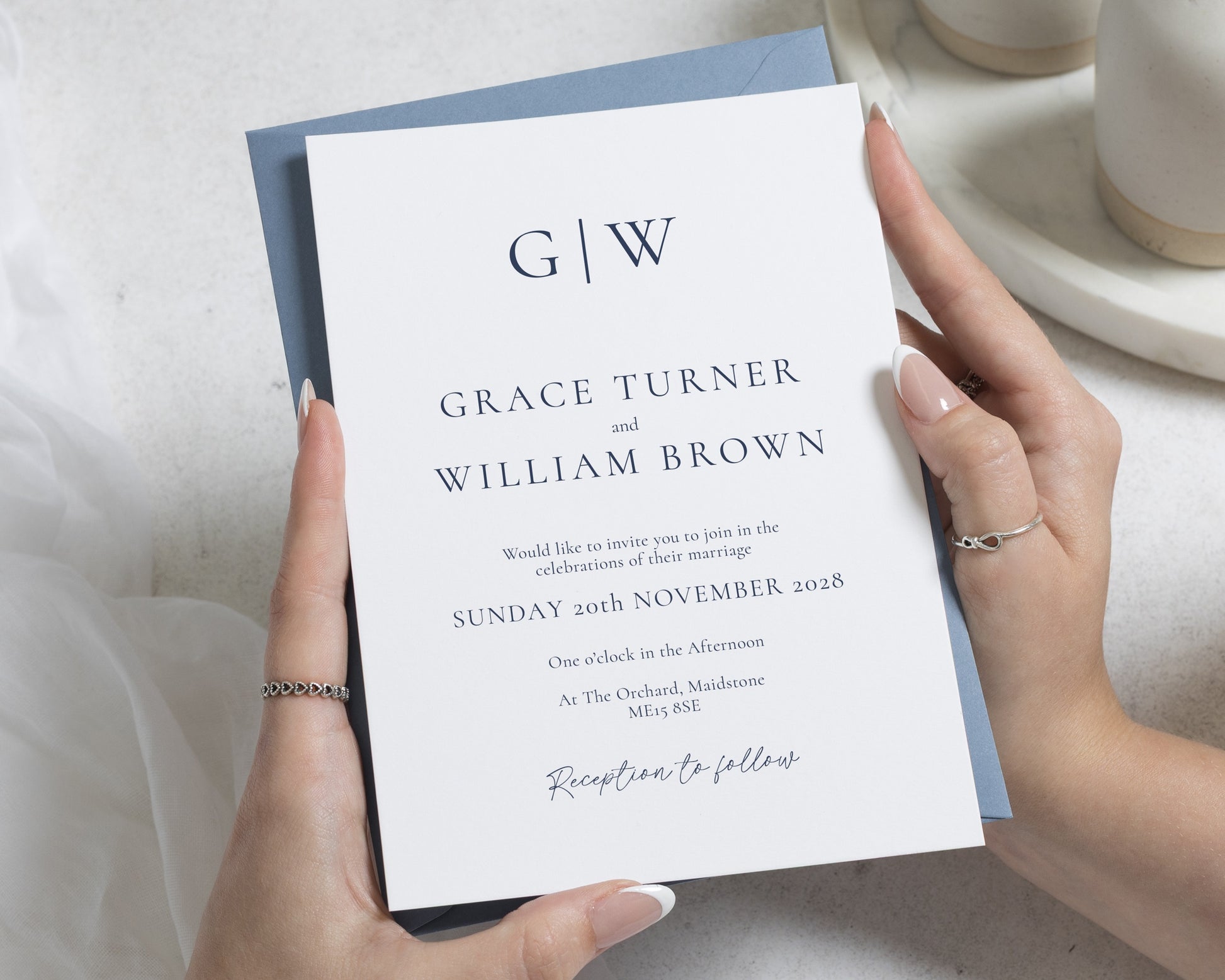 Dusty Blue Wedding Invitations, Elegant Monogram Wedding Invite, Minimalist Personalised Wedding Invitation Suite, Classic Invite
