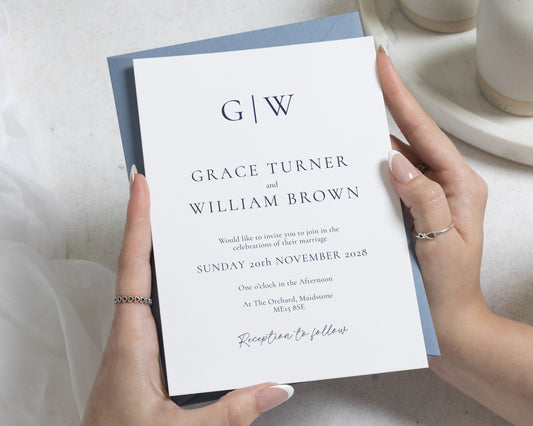 Dusty Blue Wedding Invitations, Elegant Monogram Wedding Invite, Minimalist Personalised Wedding Invitation Suite, Classic Invite