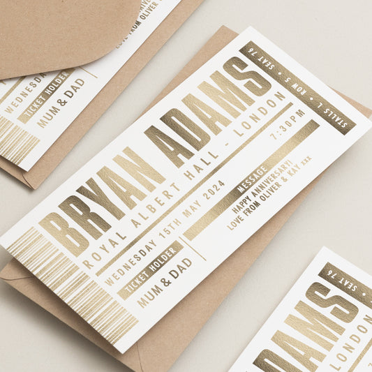 Personalised Gold Foil Gift Voucher, Bryan Adams Gig Ticket Gift Voucher, Foiled Concert Reveal, Bryan Adams Surprise Gig Ticket