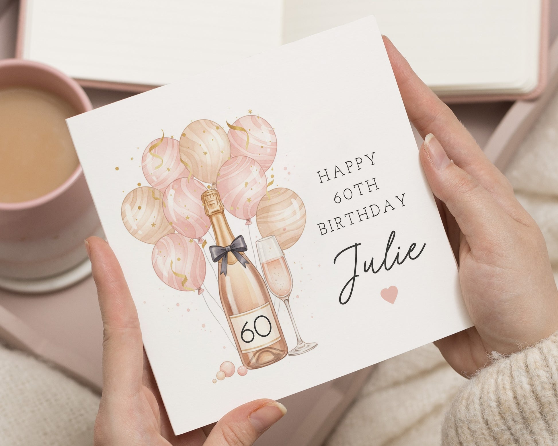 60th Birthday Card for Her, Personalised Birthday Card, Birthday Card for Women, Champagne Birthday Card, Balloon Birthday Card