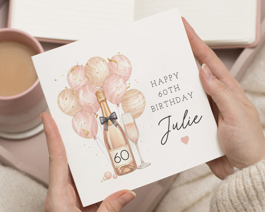 60th Birthday Card for Her, Personalised Birthday Card, Birthday Card for Women, Champagne Birthday Card, Balloon Birthday Card