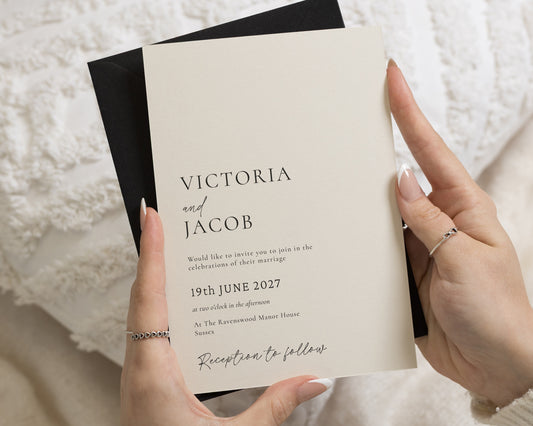 Ivory Wedding Invitations with Black Envelopes, Minimalist Wedding Invites, Elegant Typography, Personalised Invitation Suite