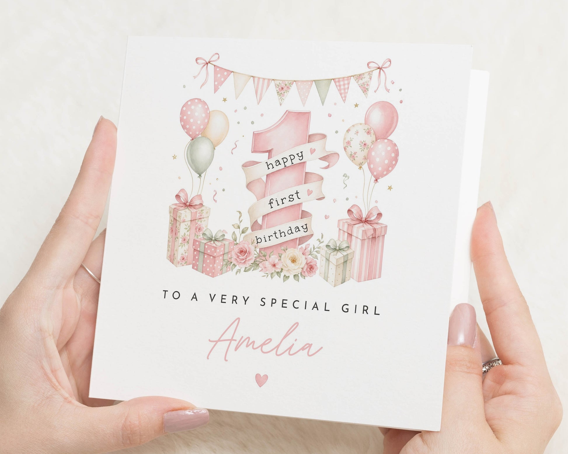 1st Birthday Card for Girl, First Birthday Card, Personalised Name Card, Birthday Card for Daughter, Granddaughter, Niece, Floral Card