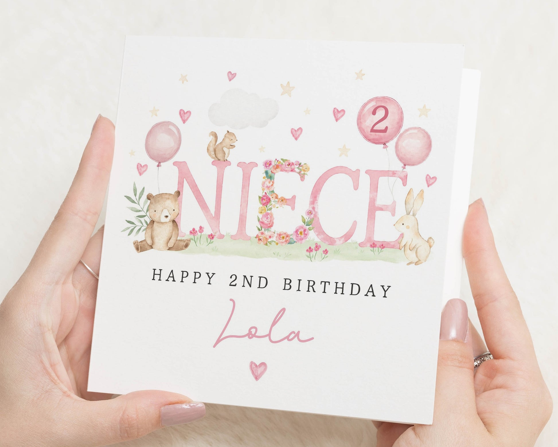 Personalised 2nd Birthday Card for Niece, Custom Birthday Card for Girl, Second Birthday Card, Cute Woodland Animals Birthday Card